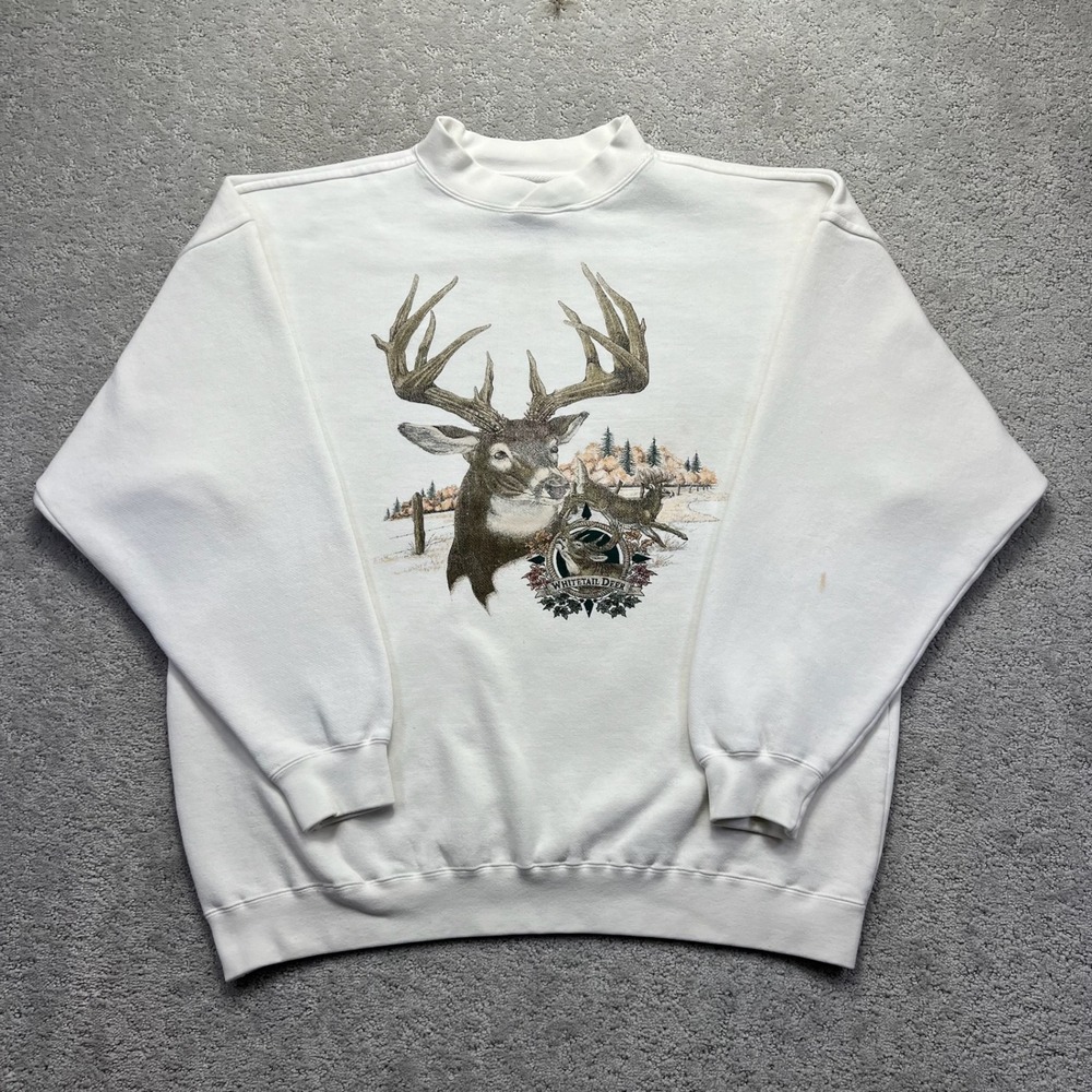 GS Sport Sweatshirt Mens XL White Whitetail Deer Graphic Mock Neck Vintage Style